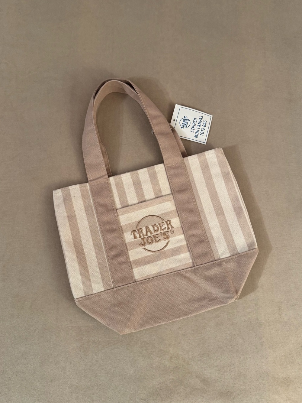 Trader Joe's Striped Mini Tan & Cream Canvas Tote Bag NWT